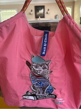 Pink Cat Tote Bag - cat artist Authentic[Ball & Chain] Embroidery Tote